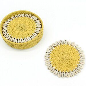 NEW Set of 4-Premium Coasters-Seashell-Trimmed Rattan-Yellow-Eco Handcraft